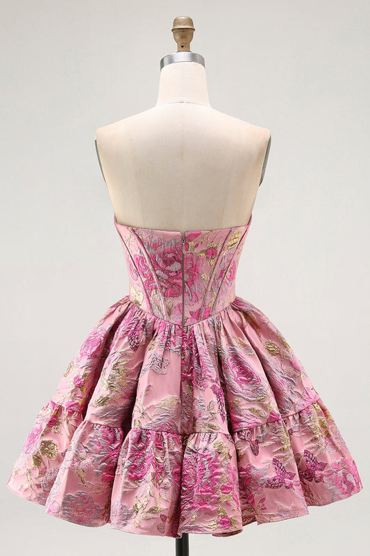 Robe Corset Cocktail Trapèze Imprimée Épaules Dénudées