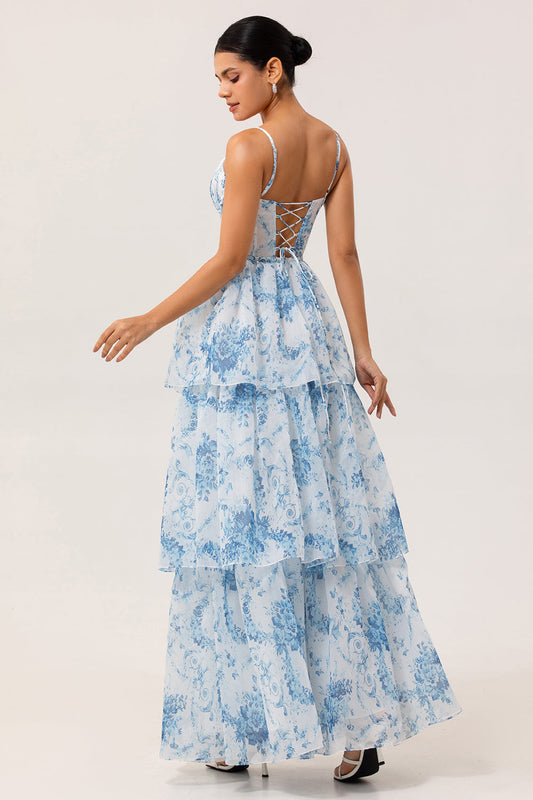 Robe longue de demoiselle d'honneur trapèze imprimée fleur bleue et blanche à volants avec fente