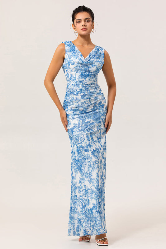 Robe longue de demoiselle d'honneur à imprimé floral bleu, col bénitier, fourreau et fente