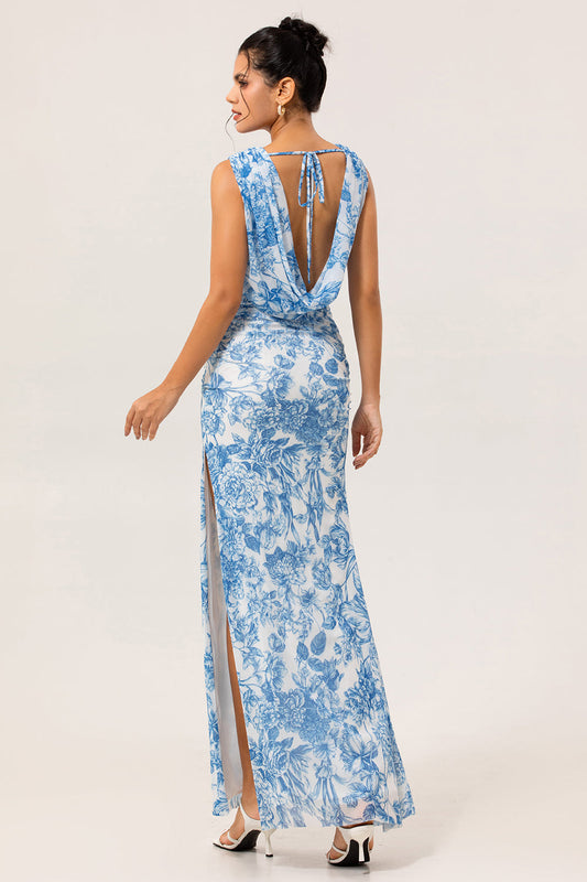 Robe longue de demoiselle d'honneur à imprimé floral bleu, col bénitier, fourreau et fente