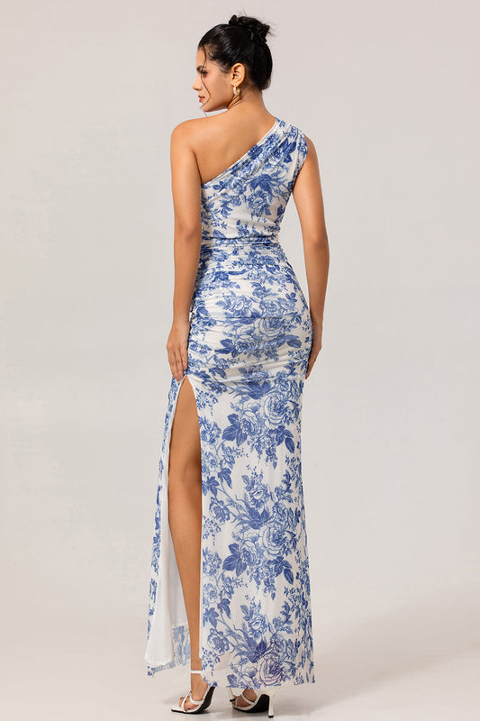 Robe longue de demoiselle d'honneur fendue à imprimé floral blanc et bleu, asymétrique sur une épaule