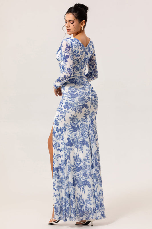 White Blue Flower V Neck Sheath Print Long Sleeves Bridesmaid Dress with Slit