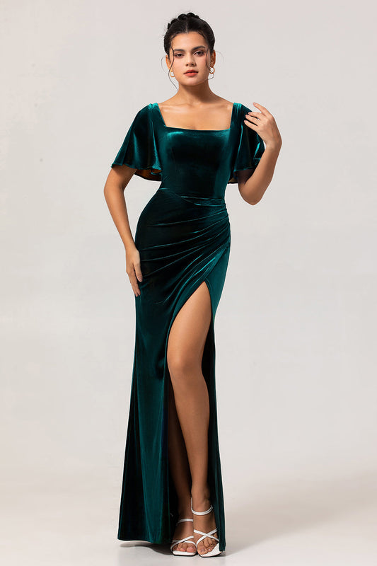 Robe de demoiselle d'honneur fourreau en velours vert paon à manches courtes