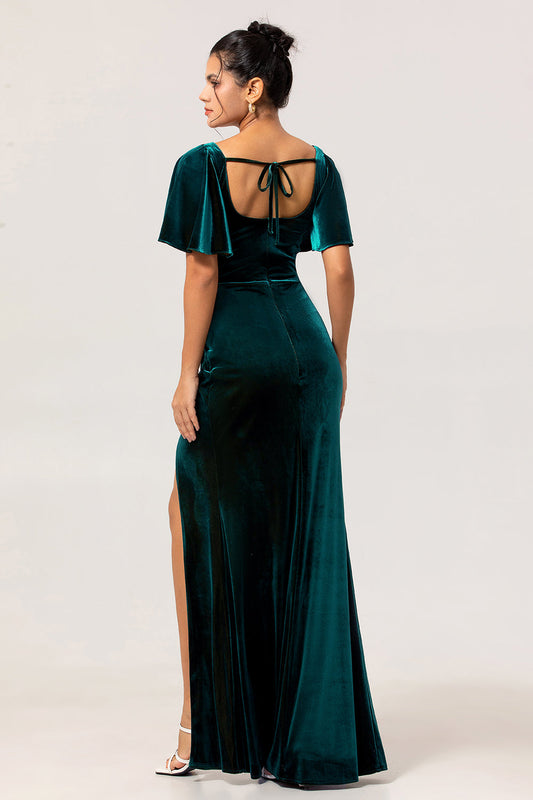 Robe de demoiselle d'honneur fourreau en velours vert paon à manches courtes