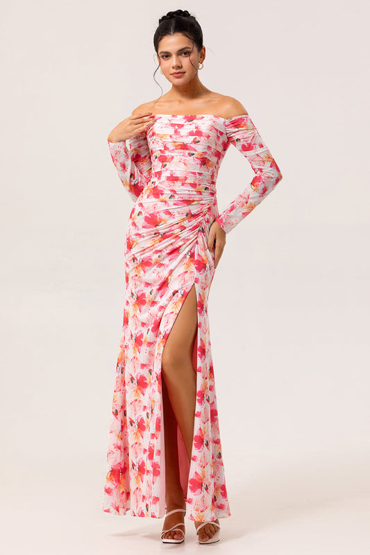Robe fourreau longue de demoiselle d'honneur rose à fleurs et épaules dénudées