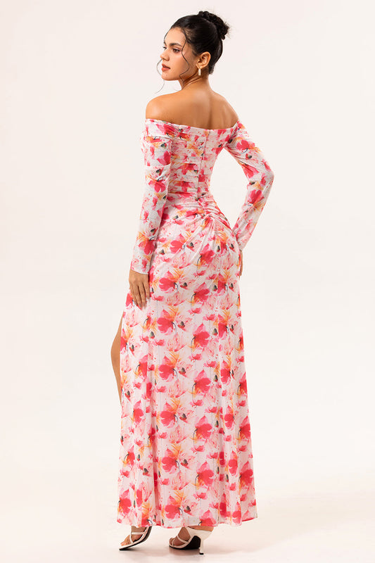 Robe fourreau longue de demoiselle d'honneur rose à fleurs et épaules dénudées