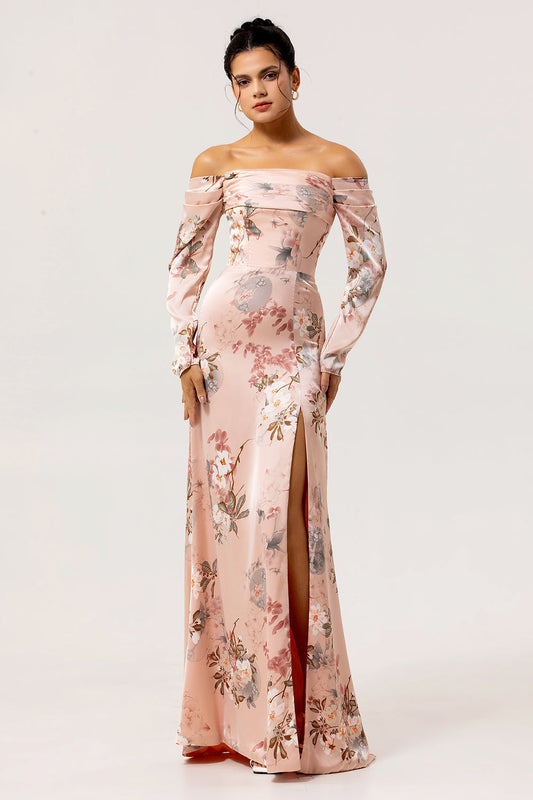 Robe longue fourreau fleurie blush à épaules dénudées avec fente pour invitée de mariage