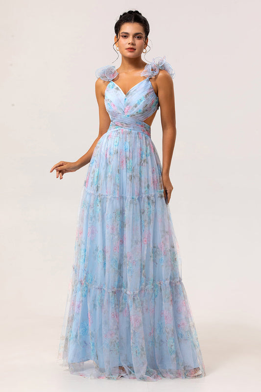 Robe longue de demoiselle d'honneur trapèze bleue à découpes florales