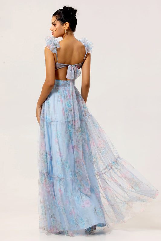 Robe longue de demoiselle d'honneur trapèze bleue à découpes florales