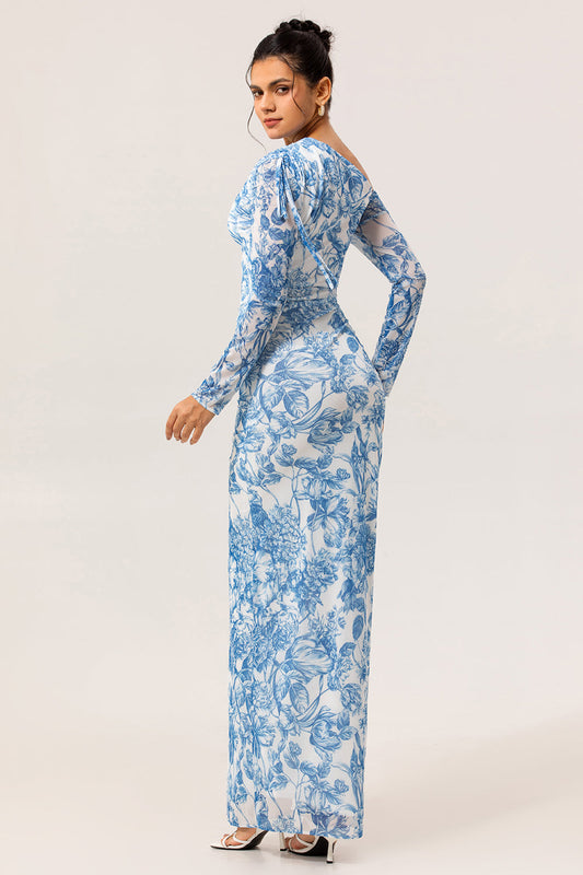 Robe de demoiselle d'honneur fendue bleu fleuri à manches longues et une épaule