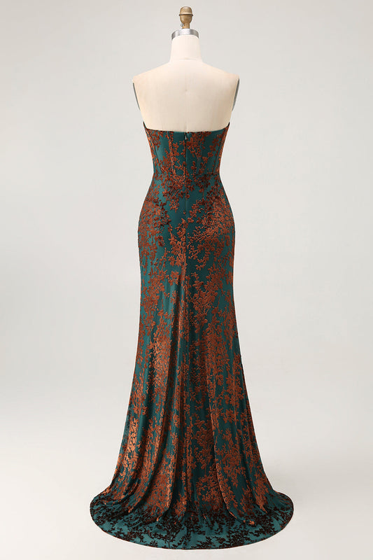 Strapless Peacock Green Corset Burnout Velvet Bridesmaid Dress with Slit