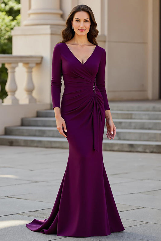 Robe de chœur sirène en satin froissé, couleur raisin, à manches longues