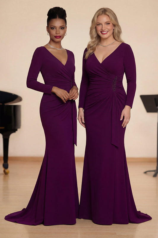 Robe de chœur sirène en satin froissé, couleur raisin, à manches longues