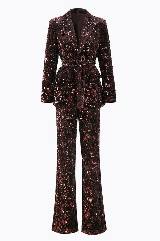 Costume de bal deux pièces à revers crantés et sequins pour femme avec ceinture, couleur café