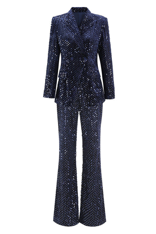 Costume de bal deux pièces pour femme, croisé, à revers pointus et sequins, bleu marine