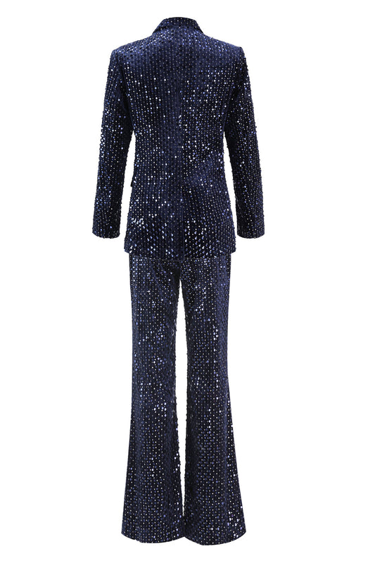 Costume de bal deux pièces pour femme, croisé, à revers pointus et sequins, bleu marine