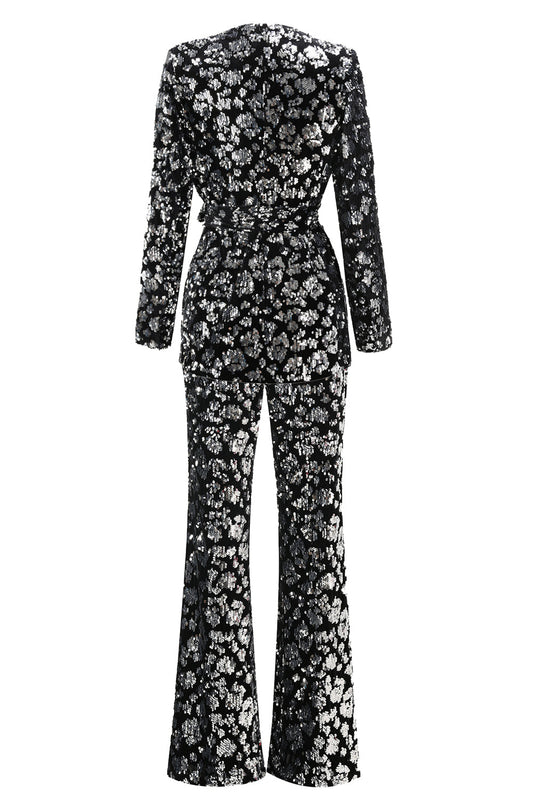 Sparkly Black Slim Fit 2 Piece Women's Prom Suit with Sash