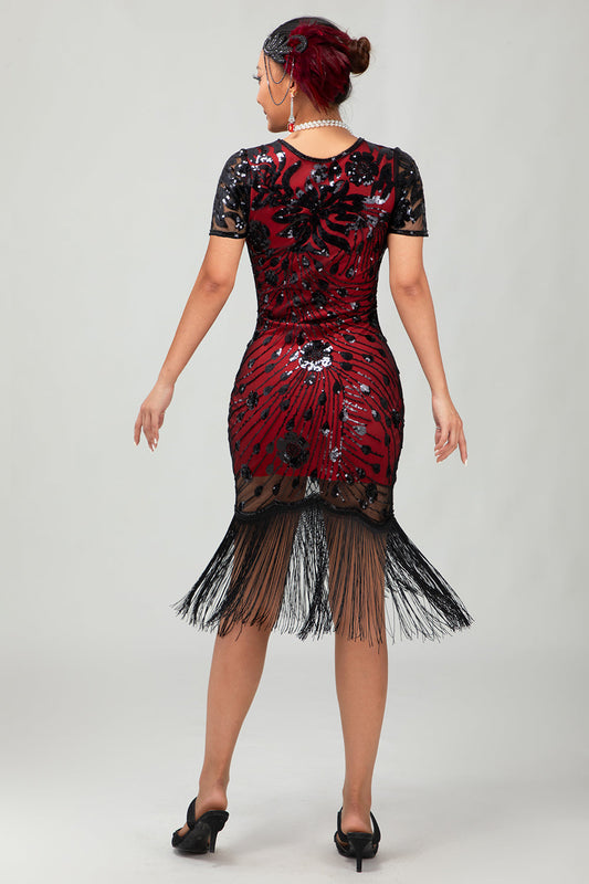 Robe Charleston à franges et sequins noire et rouge