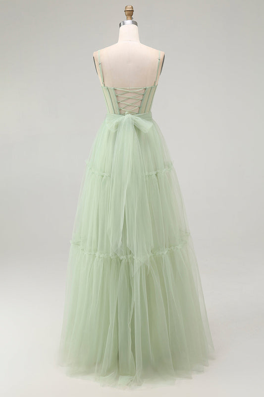 Robe longue de bal de promo en tulle perlé ligne A vert avec corset et dos lacé