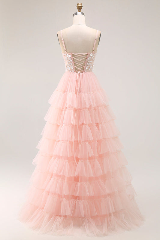 Blush A Line Corset Sequins Tiered Ruffle Long Prom Dress with Appliques