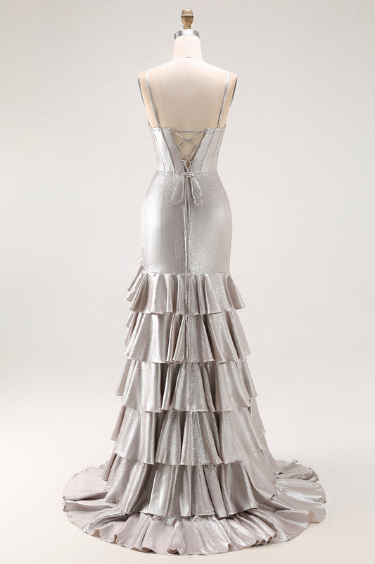 Grey Mermaid Beaded Corset Tiered Pleated Long Prom Dress with Slit