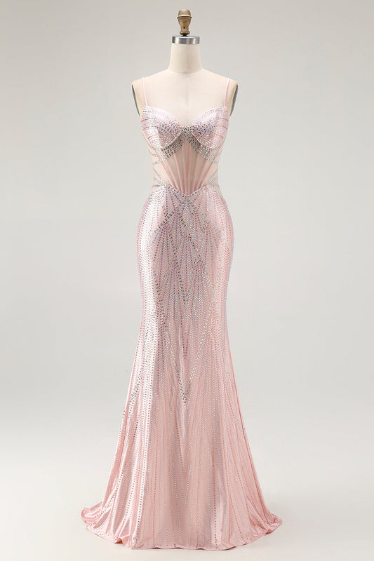 Blush Mermaid Corset Beaded Long Prom Dress with Lace Up Back