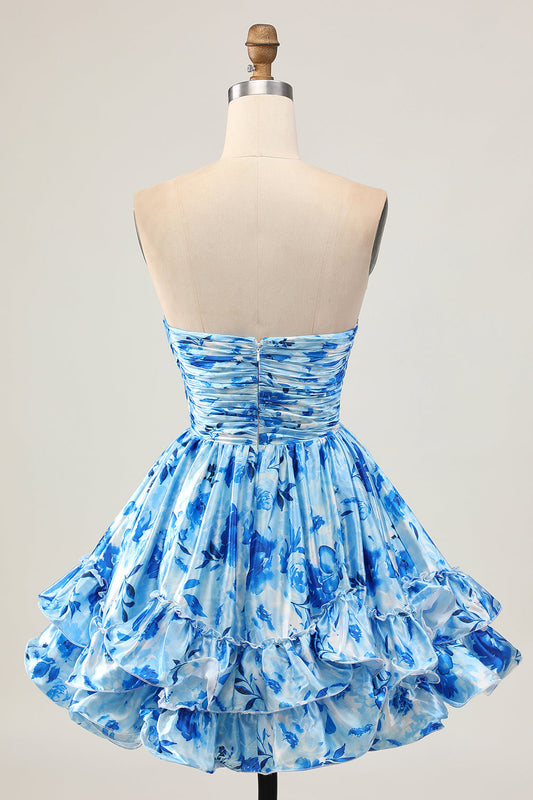 Robe de cocktail courte drapée bleu fleuri bustier ligne A