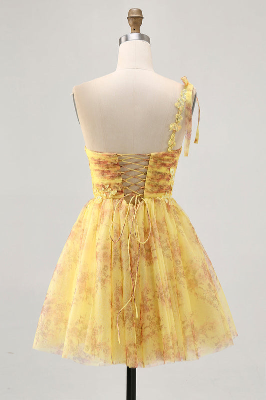 Robe de bal courte trapèze asymétrique à paillettes imprimées jaune