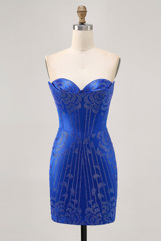 Strapless Royal Blue Beaded Bodycon Short Cocktail Dress