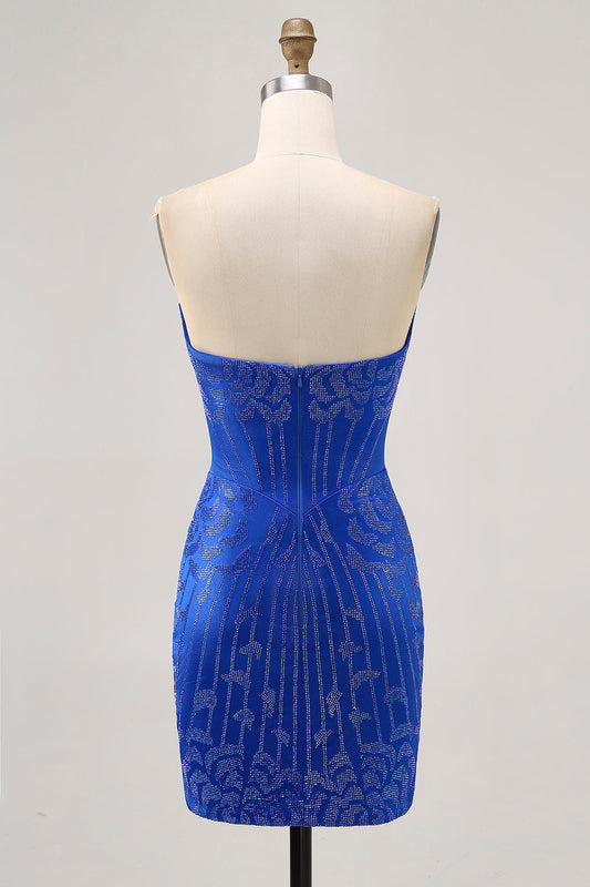 Strapless Royal Blue Beaded Bodycon Short Cocktail Dress
