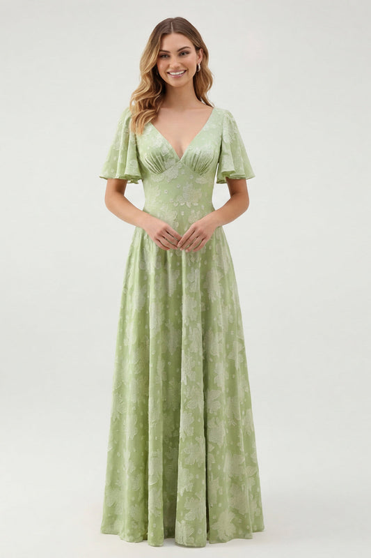 Robe longue de demoiselle d'honneur vert fleuri trapèze décolleté en V à manches courtes