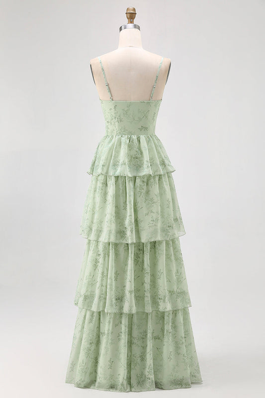 Dusty Sage A Line Corset Tiered Chiffon Long Bridesmaid Dress with Slit