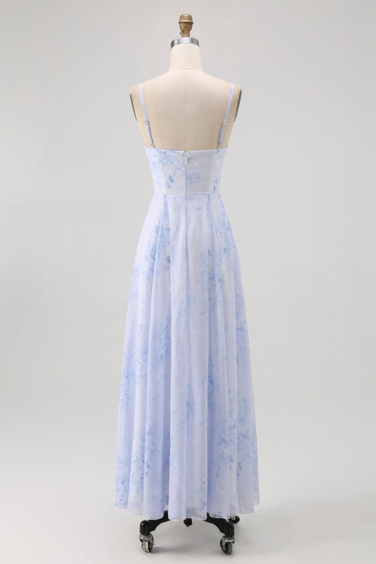 Blue Floral Spaghetti Straps Chiffon A-Line Bridesmaid Dress