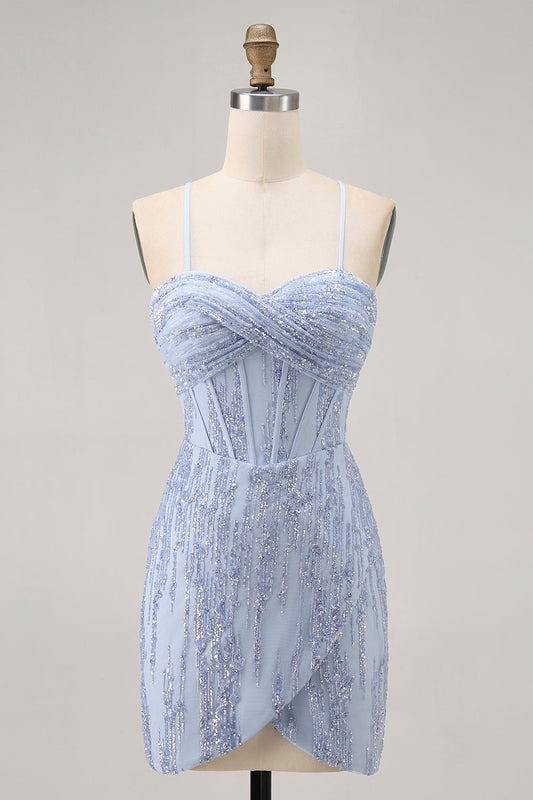 Robe de cocktail moulante gris bleu à corset et paillettes scintillantes
