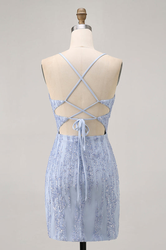 Robe de cocktail moulante gris bleu à corset et paillettes scintillantes