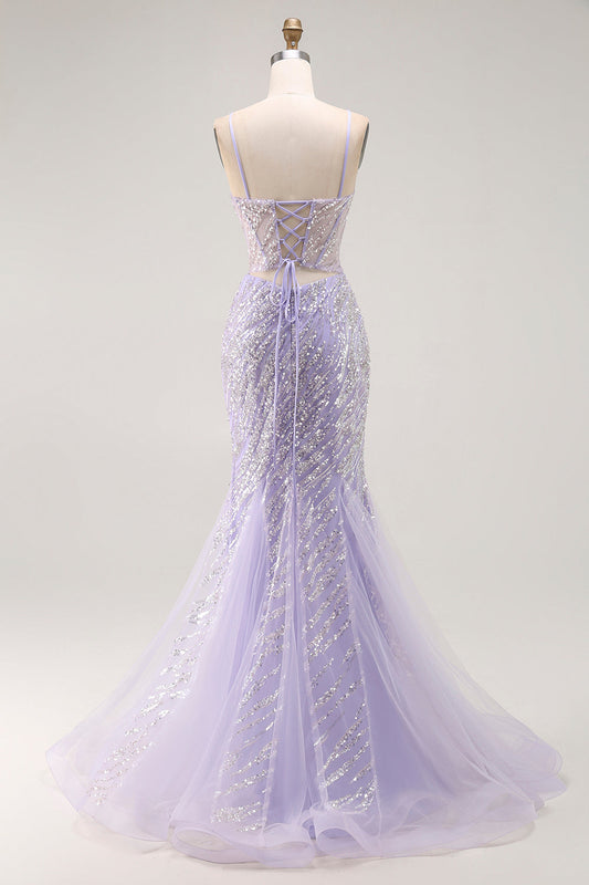 Robe de bal longue violette à paillettes sirène avec fente