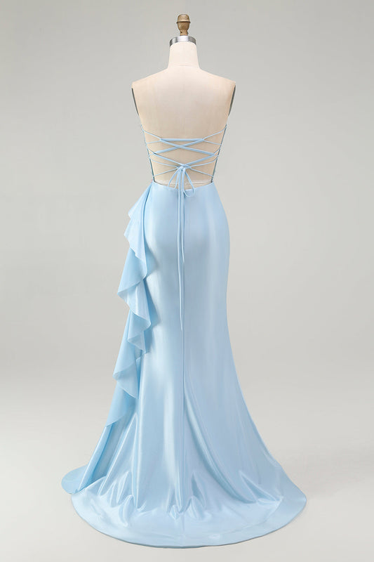 Sparkly Light Blue Strapless Corset Mermaid Beaded Long Prom Dress with Slit