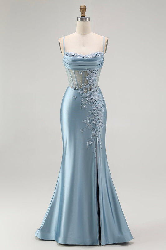 Grey Blue Mermaid Beaded Appliqued Corset Long Prom Dress with Slit