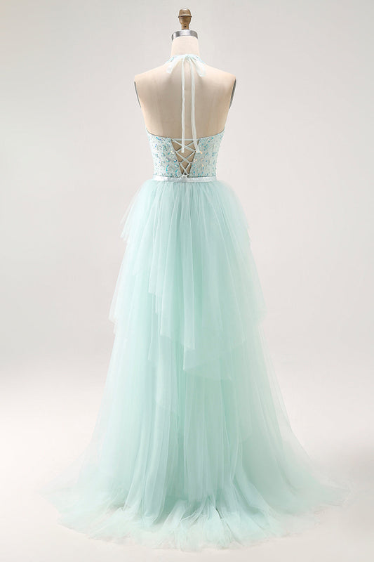 Robe de bal longue scintillante vert clair coupe trapèze avec corset à paillettes et perles