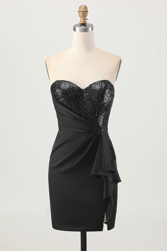 Robe de cocktail fourreau noire bustier ornée de perles avec fente