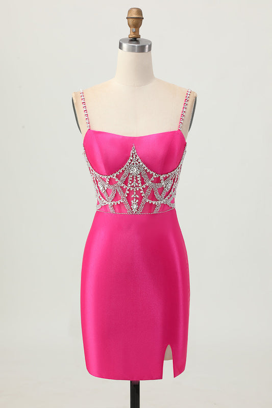 Fuchsia Bodycon Spaghetti Straps Satin Short Prom Dress with Slit