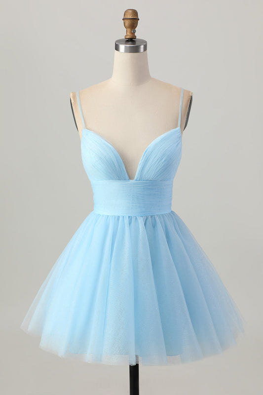 Robe de bal courte bleu ciel coupe A à fines bretelles