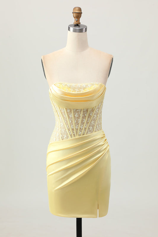 Robe Courte de Bal Moulante en Satin Jaune avec Corset et Dos Lacé