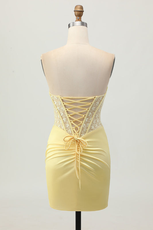 Robe Courte de Bal Moulante en Satin Jaune avec Corset et Dos Lacé