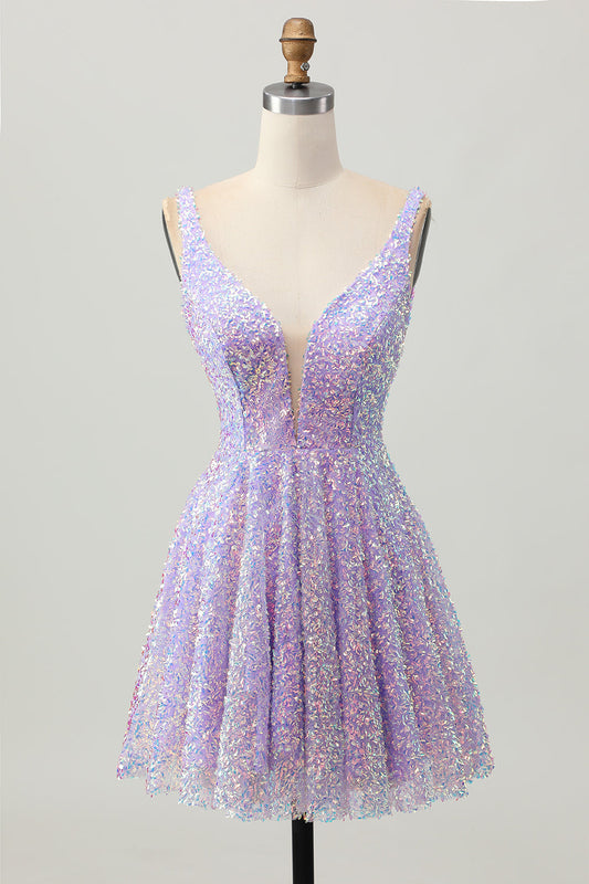 Robe de cocktail courte à sequins, coupe trapèze, lilas, col en V