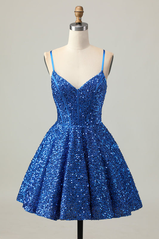 Robe de cocktail courte à corsage ligne A bleu foncé à sequins