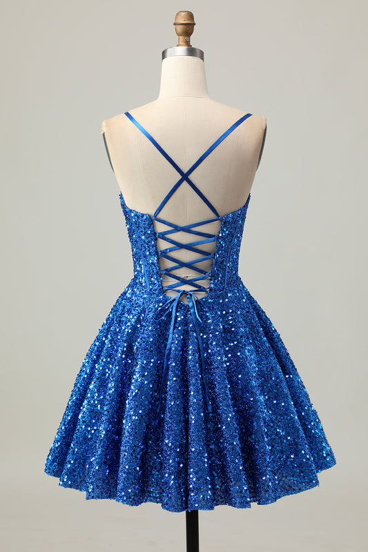 Robe de cocktail courte à corsage ligne A bleu foncé à sequins