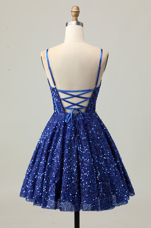 Robe de cocktail corset étincelante bleu foncé en ligne A à sequins