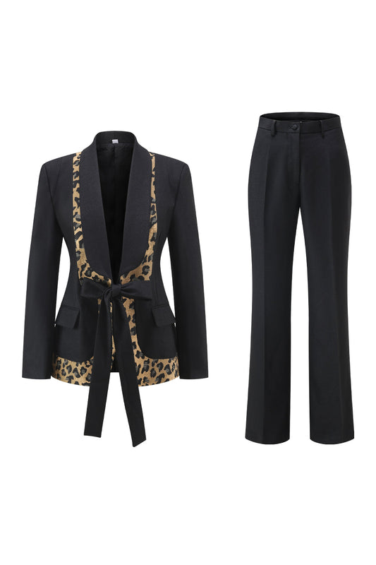 Black Leopard Print Slim Fit 2-Piece Women's Suit