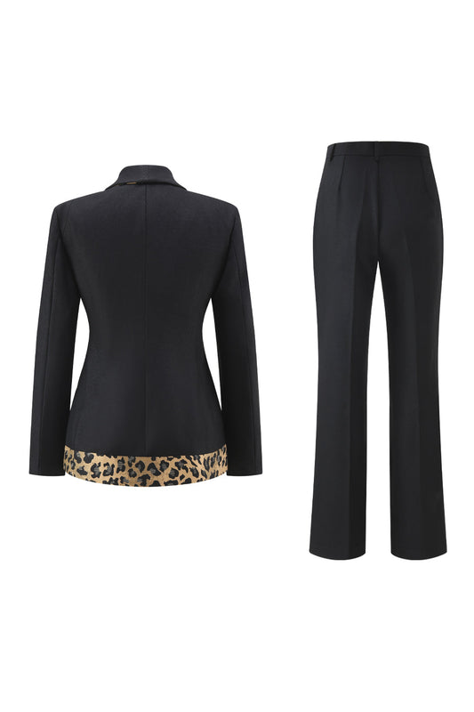 Black Leopard Print Slim Fit 2-Piece Women's Suit